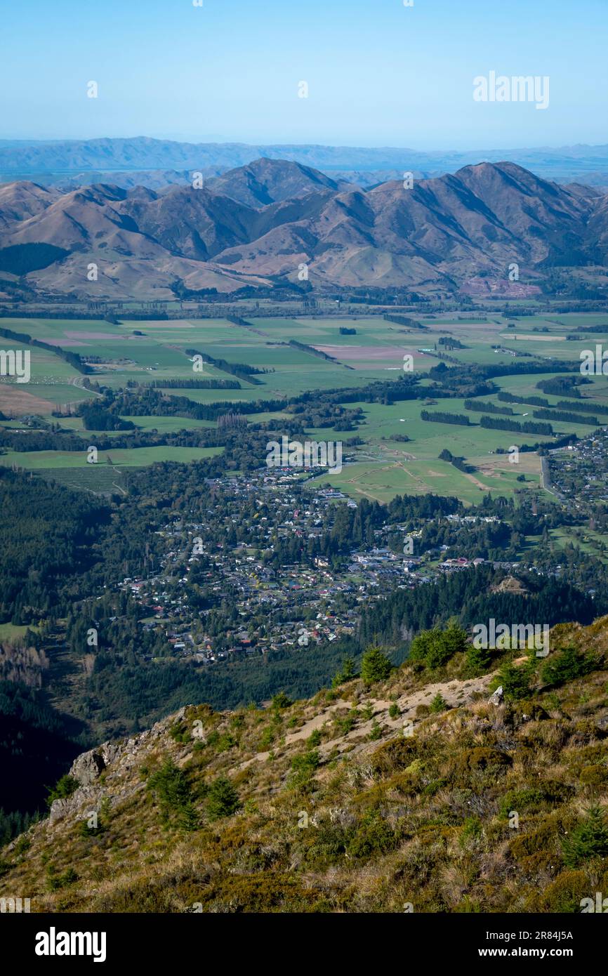 Hanmer Springs from Mount Isobel, Canterbury, South Island, New Zealand Stock Photo
