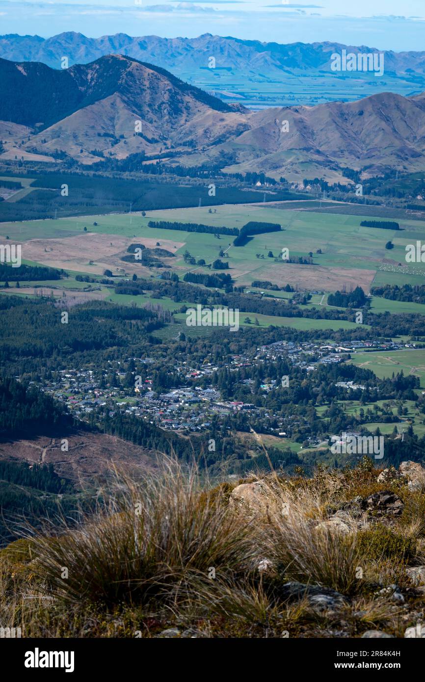 Hanmer Springs from Mount Dumblane, Canterbury, South Island, New Zealand Stock Photo