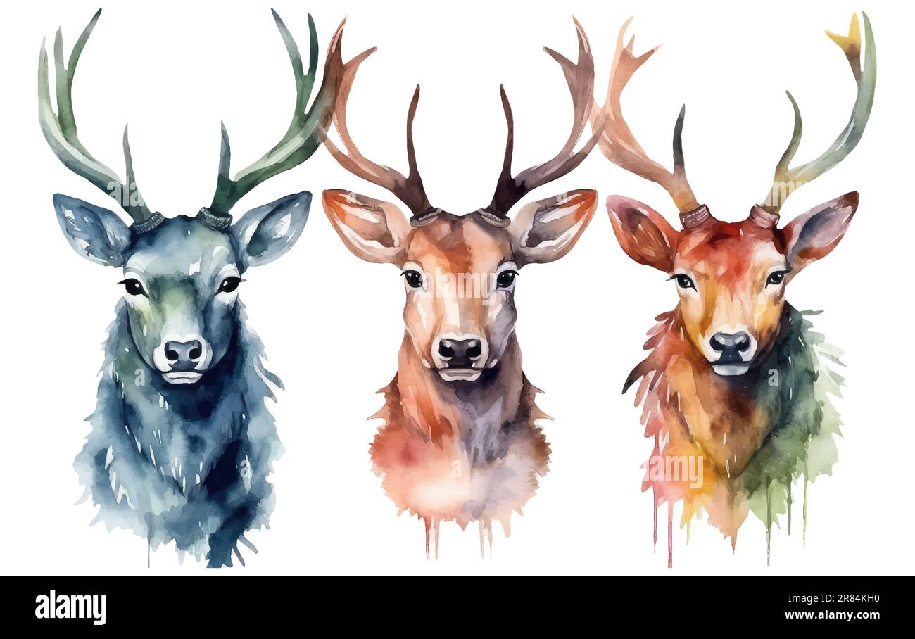 watercolor set vector illustration of deer in autumn isolated on white ...