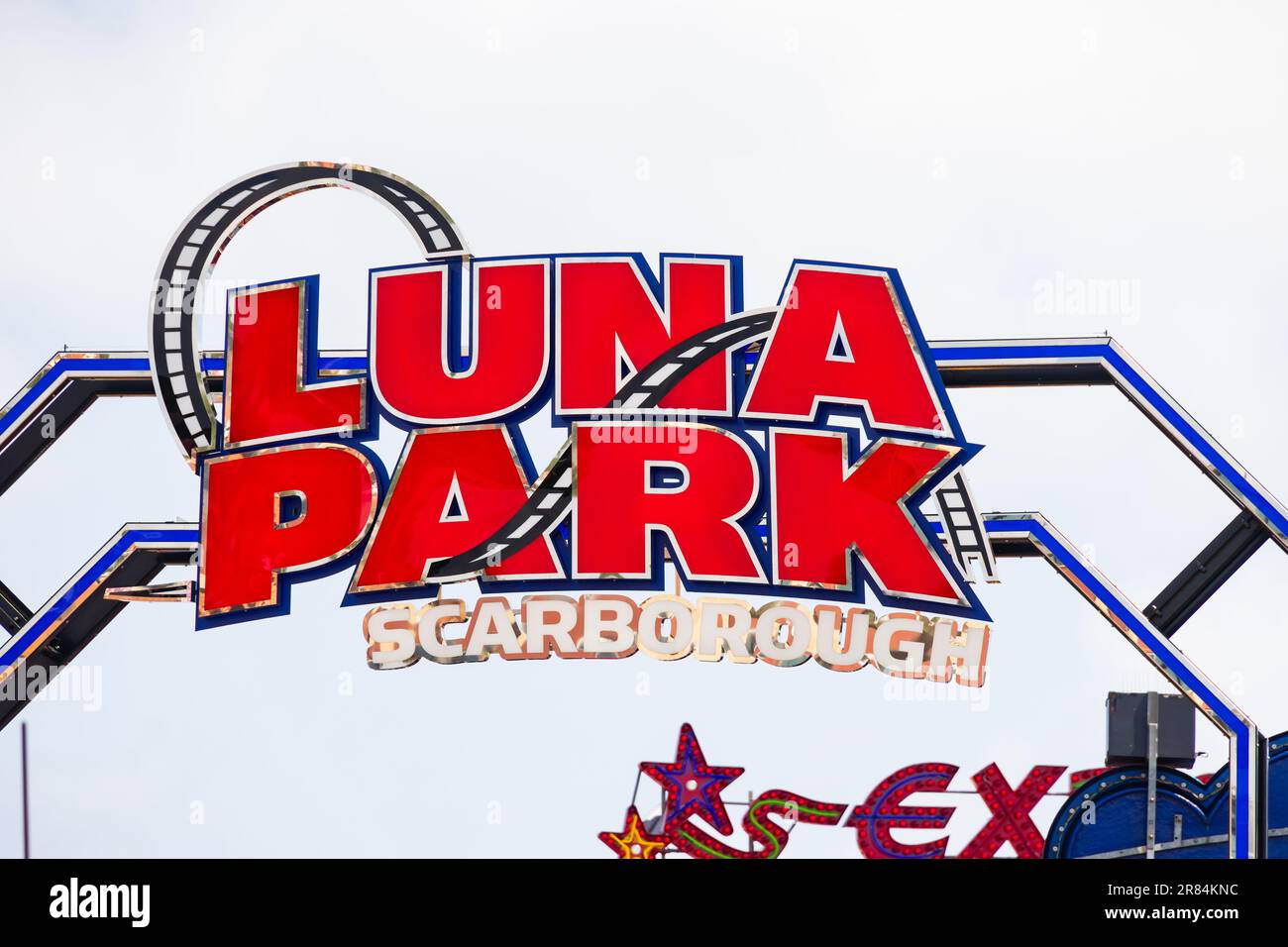 Fun Fair Rides Signage Entrance signage to the amusement park, funfair at Scarborough, North ...