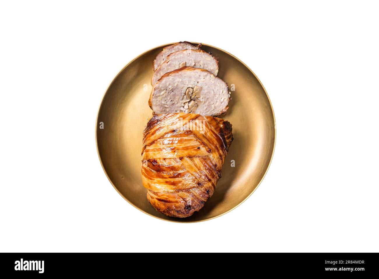 Roasted bacon wrapped meatloaf, sliced mince meat loaf. Isolated on