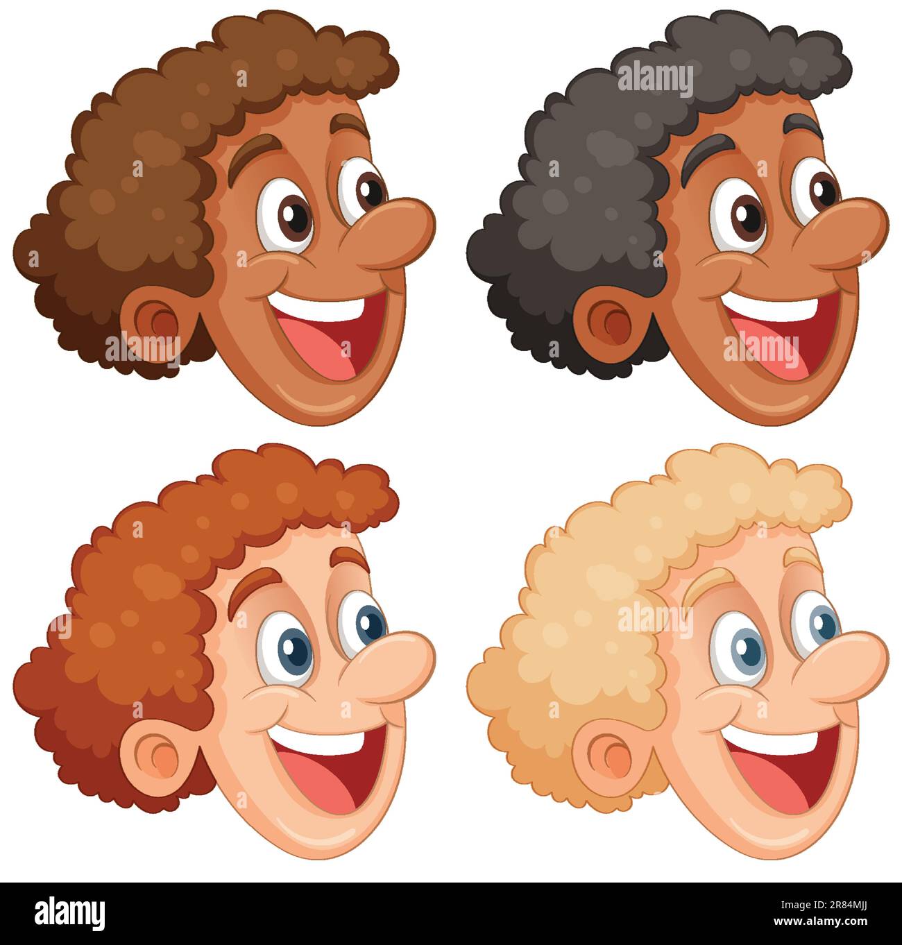 Set of happy boy head with curly hair illustration Stock Vector
