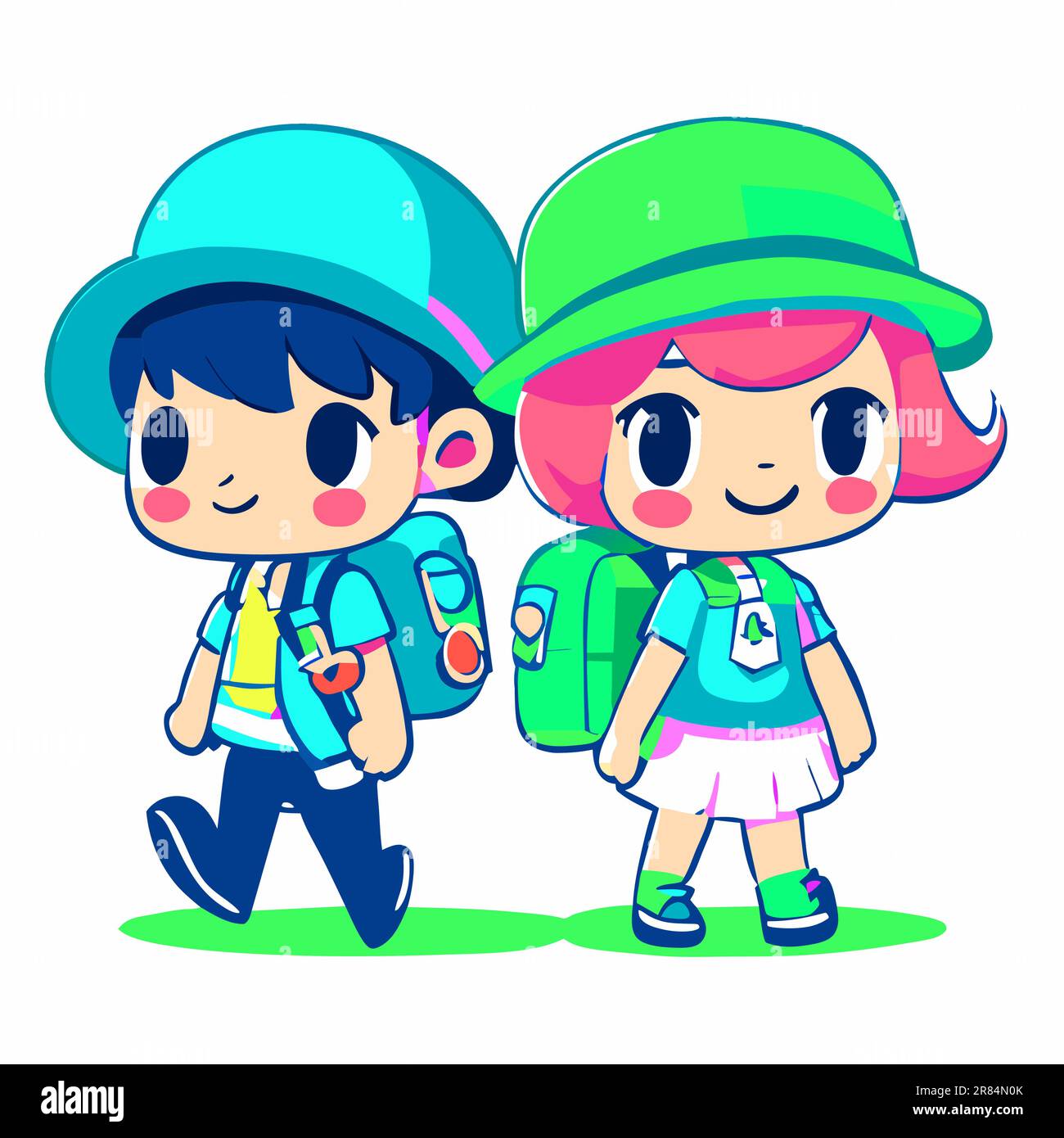 Back to school. Boy and girl go to school with backpacks. The beginning of the school year, children go to lessons Stock Vector