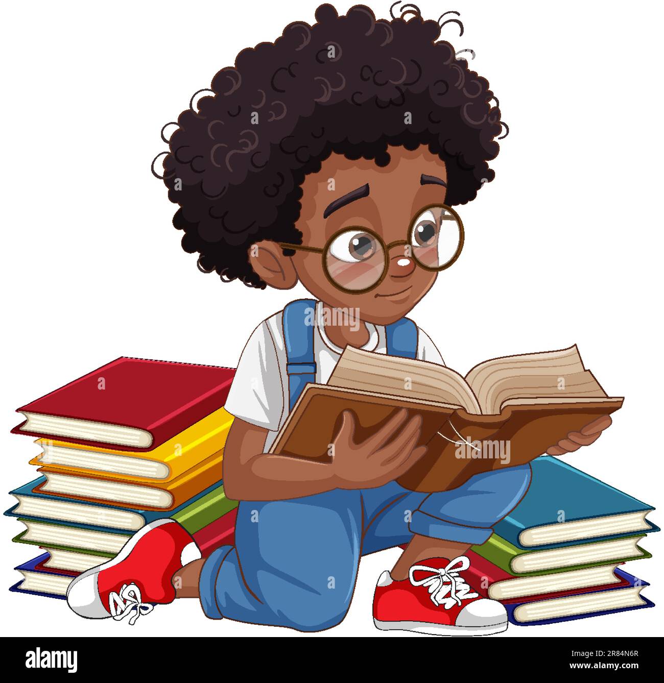 Afro African with curly hair boy reading a book illustration Stock ...