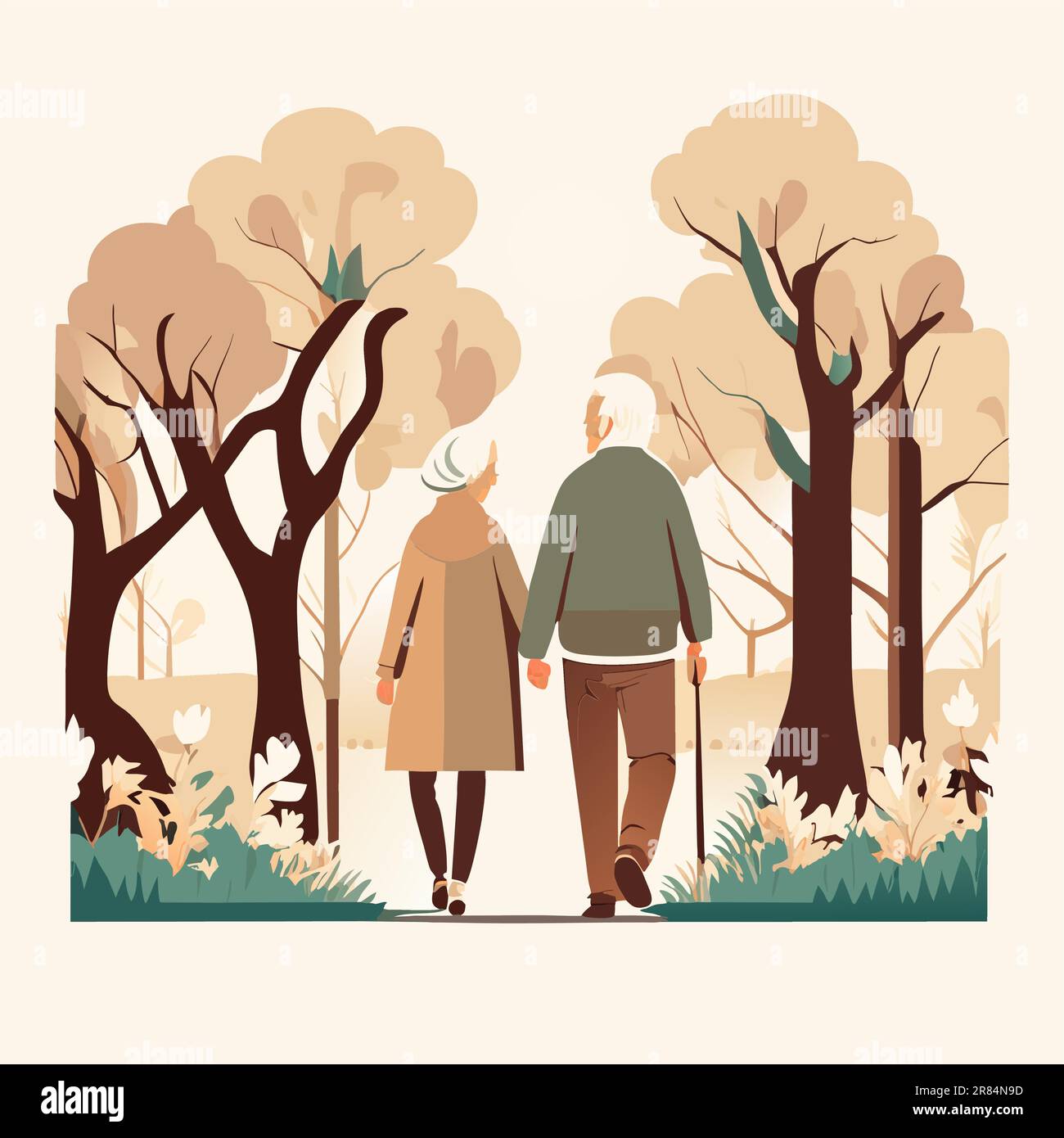 Old senior man and woman walking together. Grandparents together on walk at park in summer. grandmother with walker and grandfather cane among green f Stock Vector