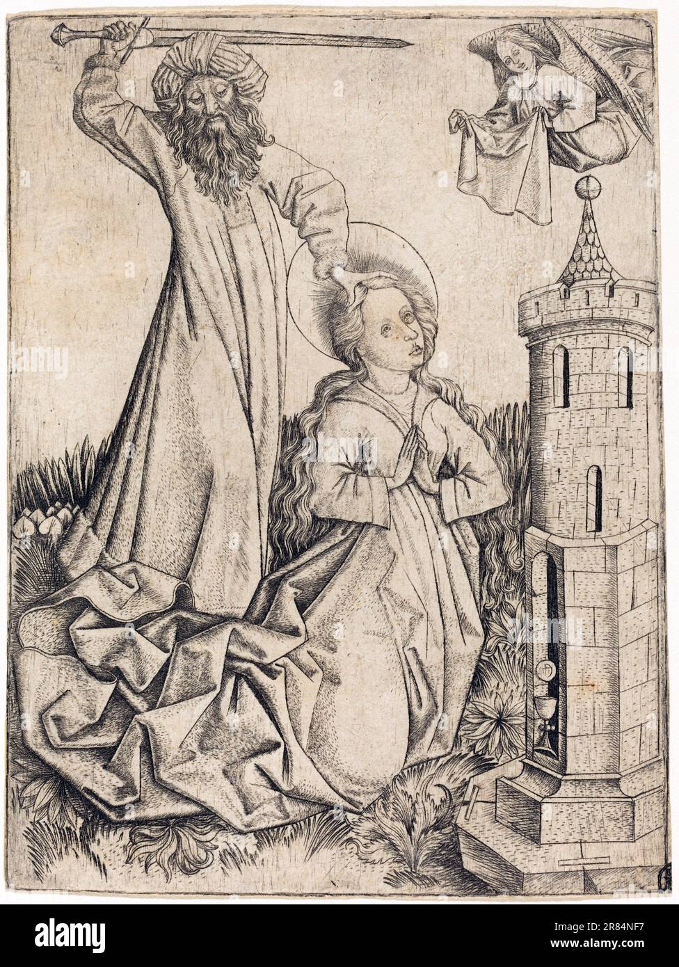 German artist unknown, active c. 1450,  engraving on laid paper, The Martyrdom of Saint Barbara, c. 1450 Stock Photo