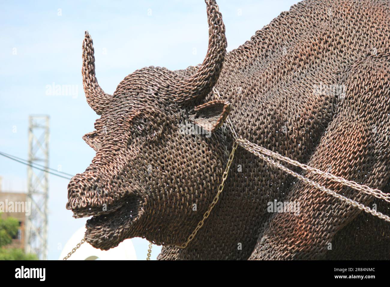close up shot bull metalic structure statue Stock Photo