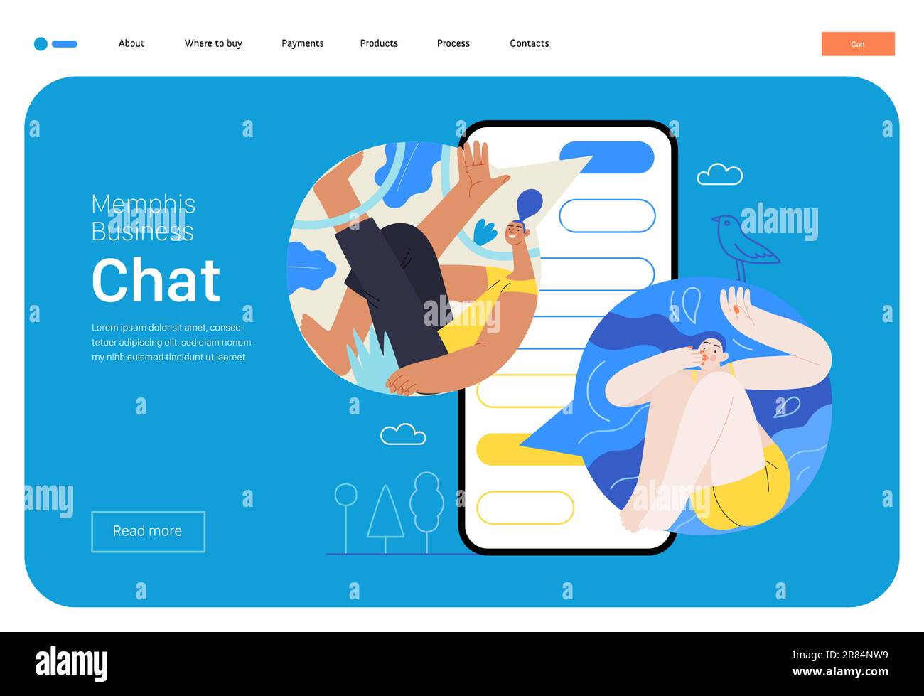 Memphis business illustration. Chat -modern flat vector concept illustration of people chatting in a phone messenger app, conversation, relations. Com Stock Vector
