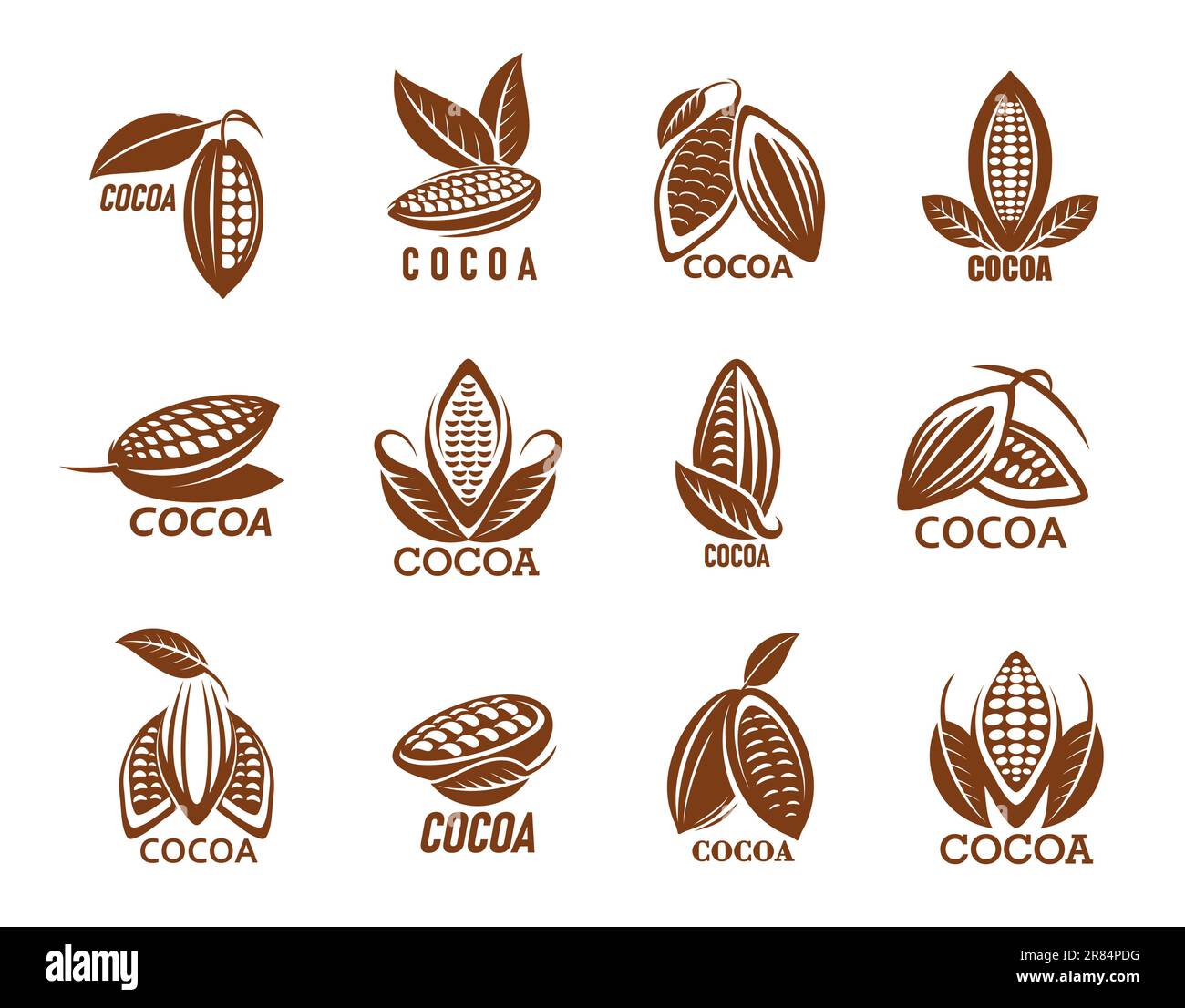 Cocoa icons, cacao or chocolate beans with leaf, vector coffee tree
