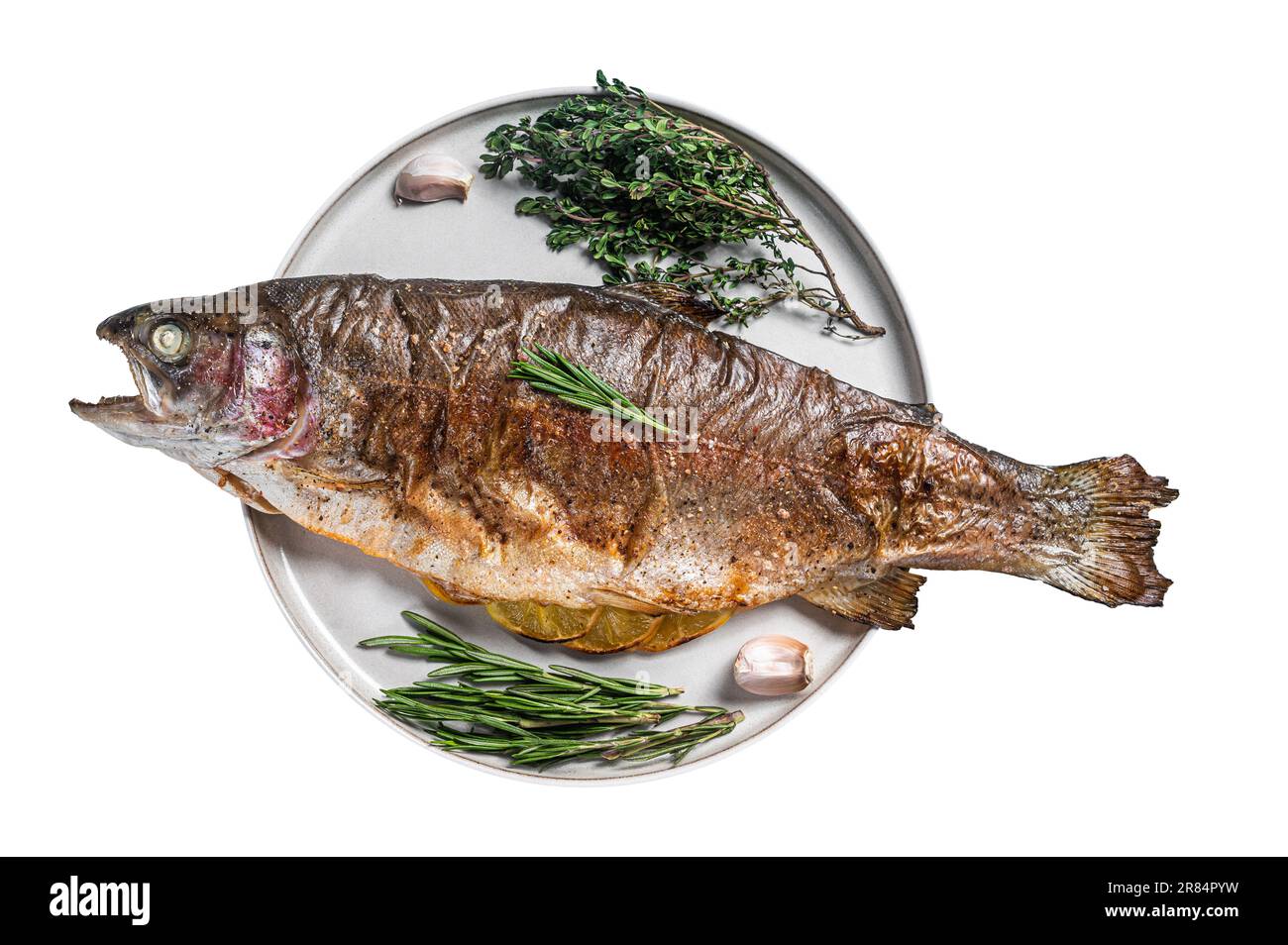 Baked silver trout, roasted fish on a plate with herbs. Isolated on