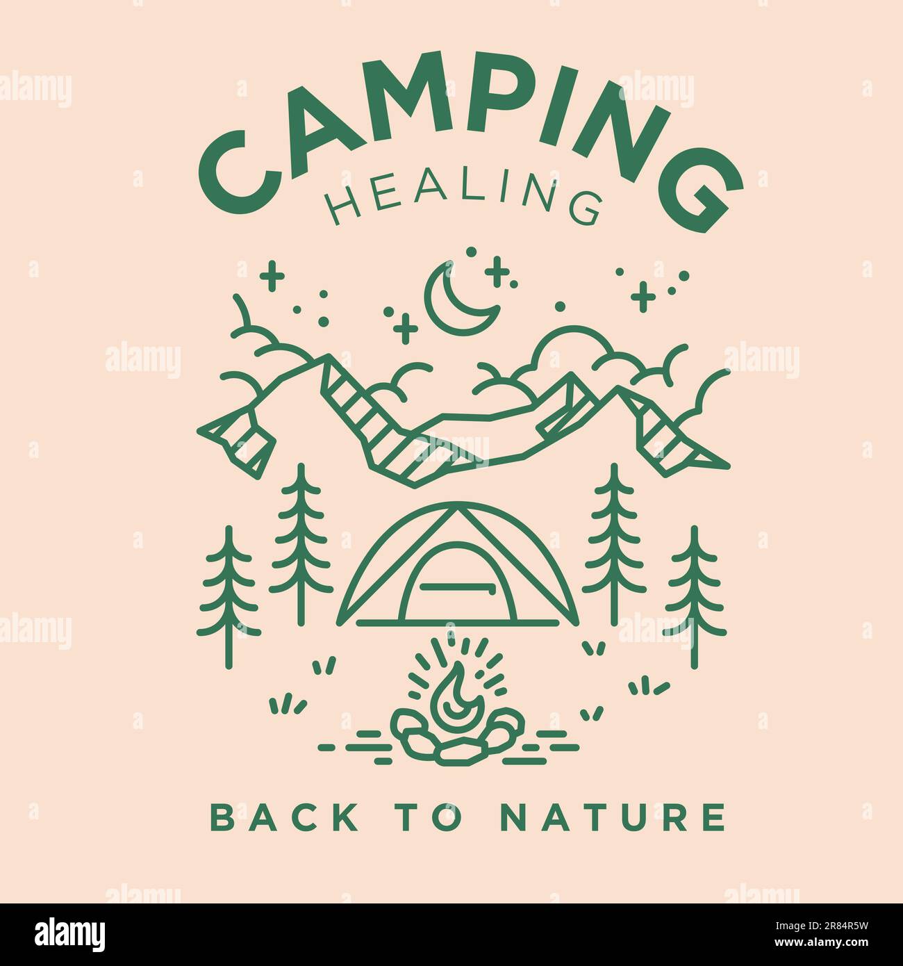 camping healing vintage monoline scene illustration include tent,bonfire,mountain,moon night vector Stock Vector