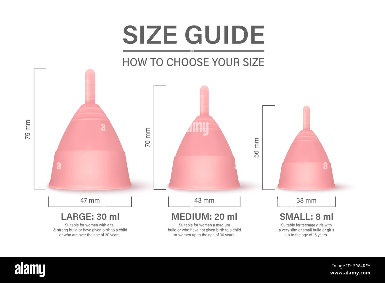 Vector 3d Pink Menstrual Hygiene Silicone Cups Isolated on White Background. Size Guide
