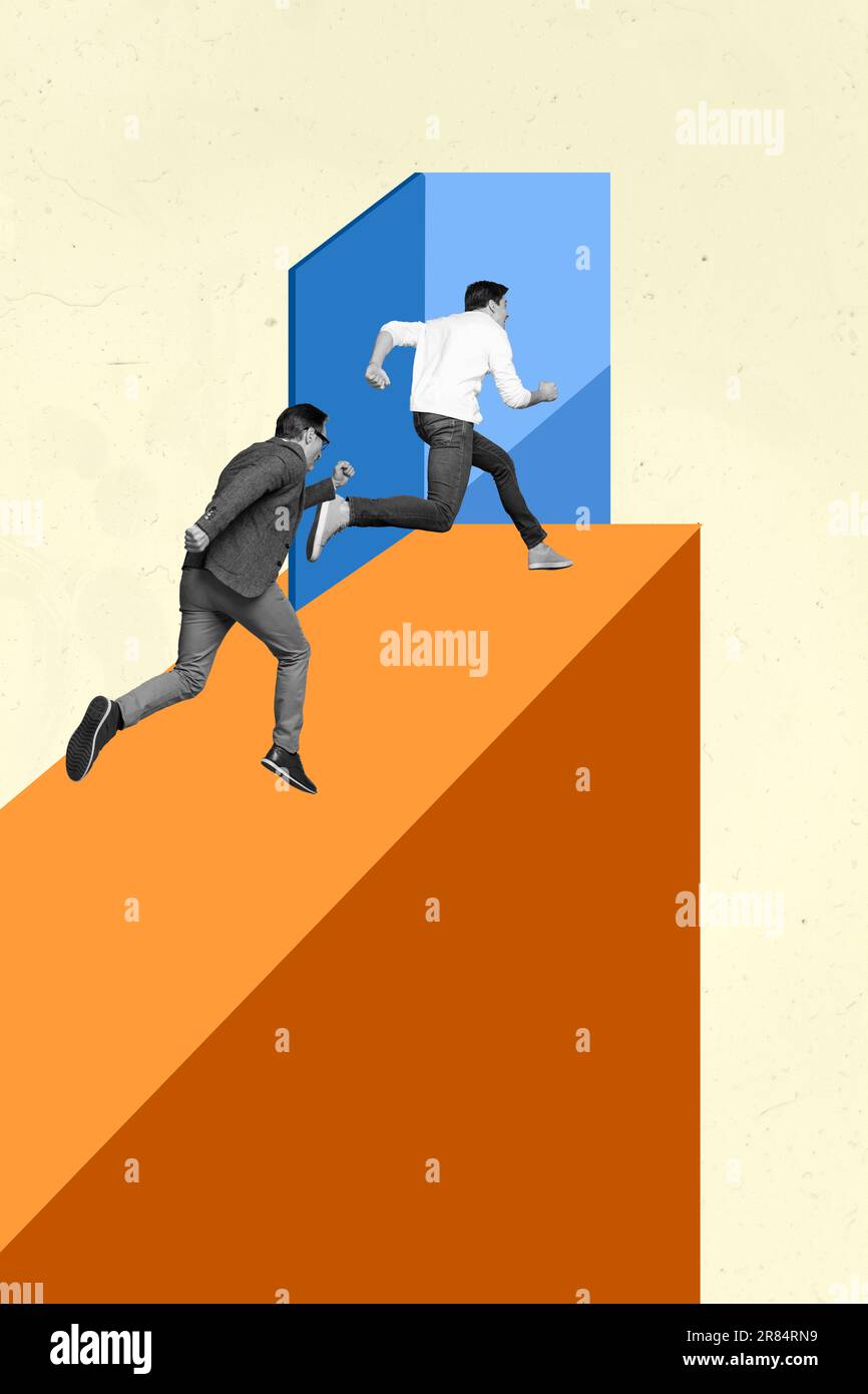 Collage picture of two business partners managers running competition ...