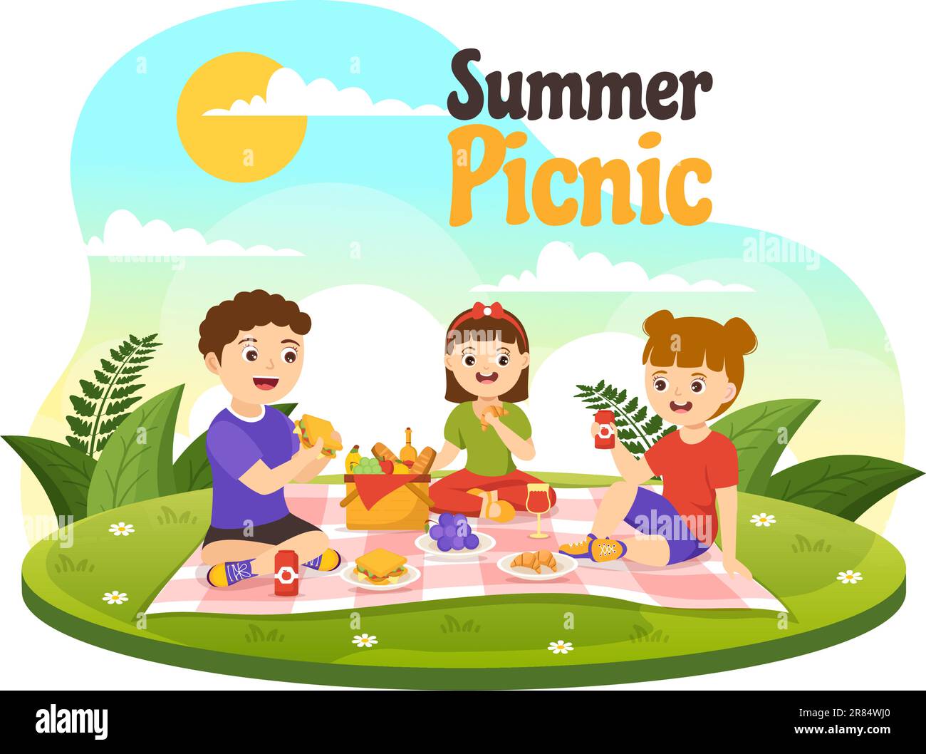 Picnic Outdoors Vector Illustration of Kids Sitting on a Green Grass in