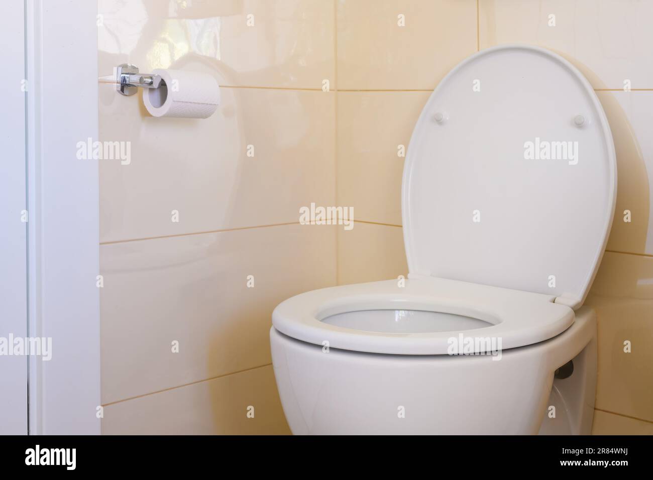 Toilet seat and roll of paper in restroom, selective focus Stock Photo