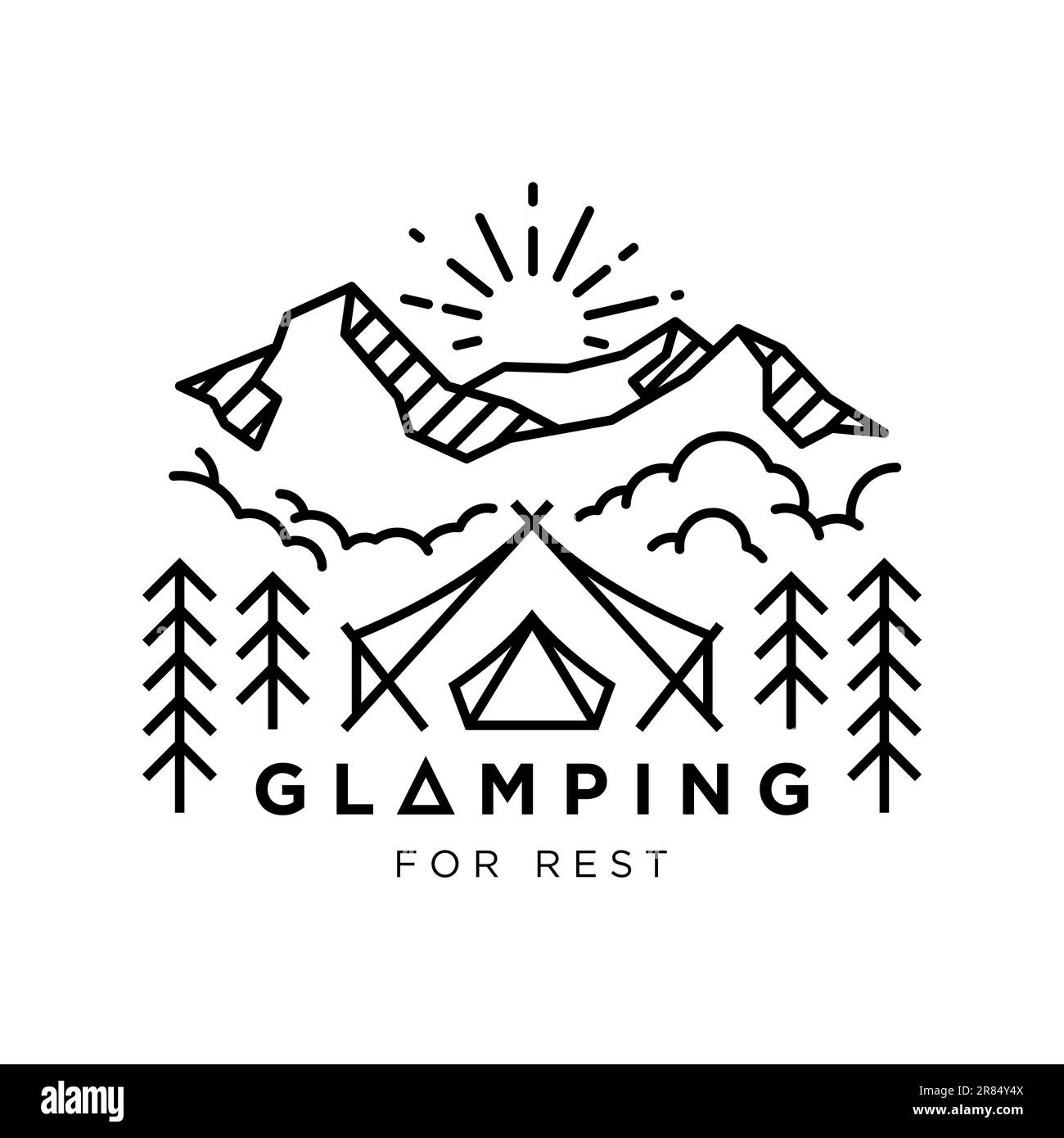 glamorous camping vintage monoline vector illustration concept for travel,tourism,logo,glamping vacation Stock Vector
