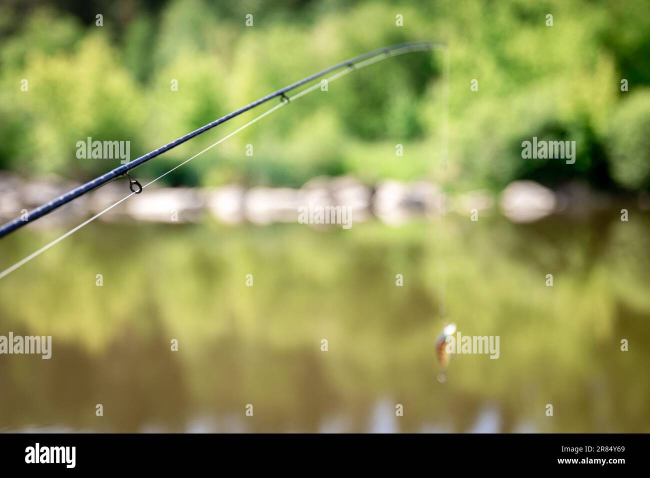 Fishing rod on a blurred background of the lake Stock Photo - Alamy