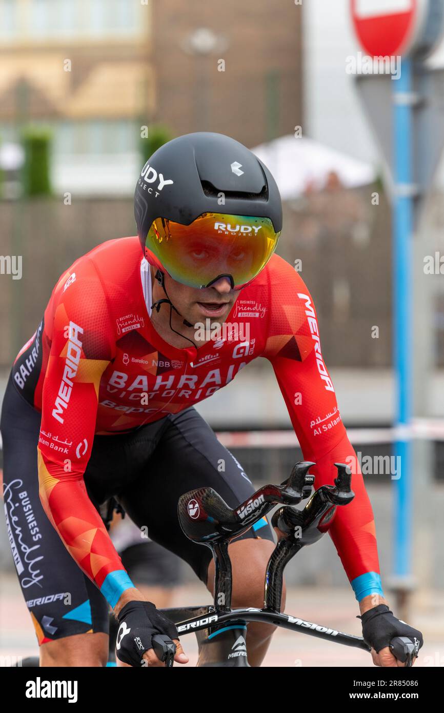 Alicante, Spain - 08,30,2022 - Mikel Landa of Bahrain Victorious team sprints during the 77th Tour of Spain 2022, Stage 10 a 30,9km individual time. Stock Photo