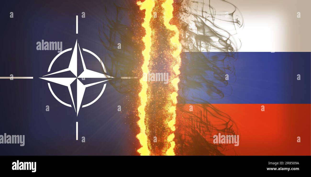 Flags of NATO and the Russian Federation with the middle covered in flames and smoke due to risk of direct conflict due to the war in Ukraine Stock Photo