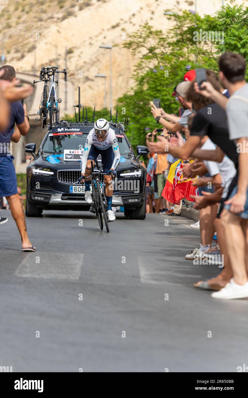 Alicante, Spain - 08,30,2022 - Alejandro Valverde of Movistar team sprints during the 77th Tour of Spain 2022, Stage 10 a 30,9km individual time trial Stock Photo