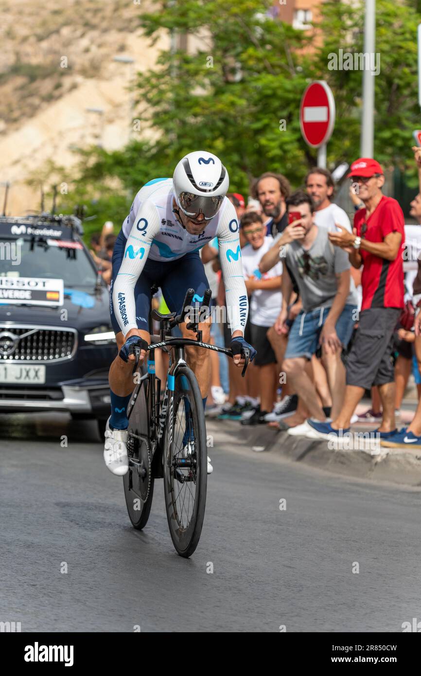 Alicante, Spain - 08,30,2022 - Alejandro Valverde of Movistar team sprints during the 77th Tour of Spain 2022, Stage 10 a 30,9km individual time trial. Stock Photo
