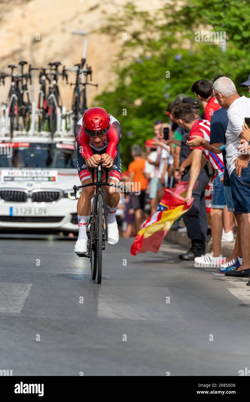 Alicante, Spain - 08,30,2022 - Joao Almeida of UAE team sprints during the 77th Tour of Spain 2022, Stage 10 a 30,9km individual time trial. Stock Photo