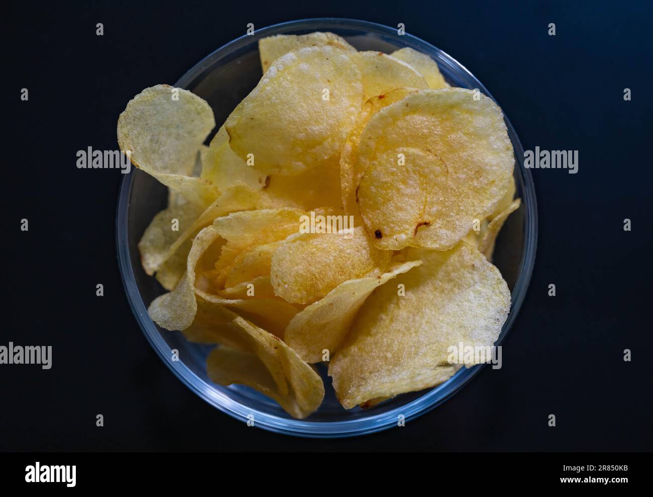 PRODUCTION - 16 June 2023, Saxony, Leipzig: ILLUSTRATION - A bowl of potato chips stands on a coffee table. Photo: Hendrik Schmidt/dpa Stock Photo