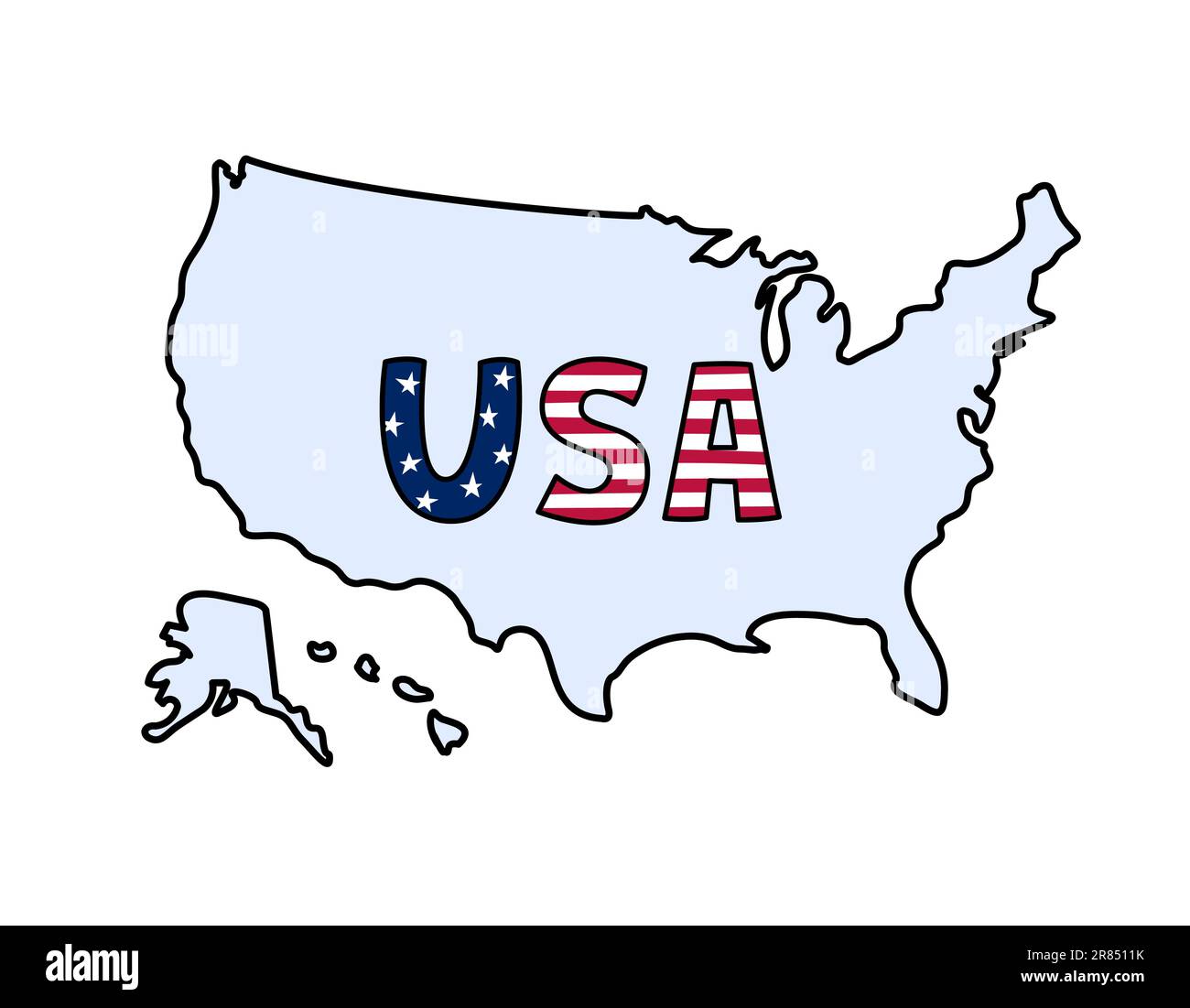USA map contours doodle. Vector illustration. United States of America country. Hand drawn georpaphic borders with Alaska and Hawaii, text USA Stock Vector