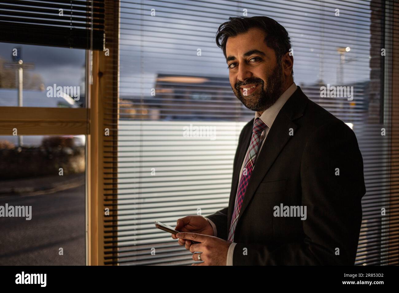 Humza Yousaf, MSP of the (SNP) Scottish National Party, candidate for position of First Minister of Scotland, in Lanark, , Scotland, 6 March 2023. Stock Photo