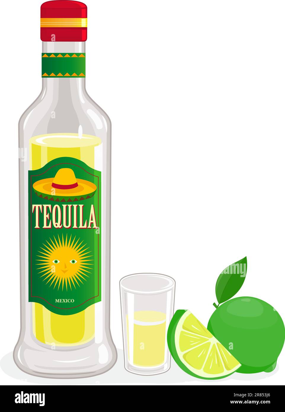 Mexican bottle of tequila, tequila shot and sliced lime. Vector