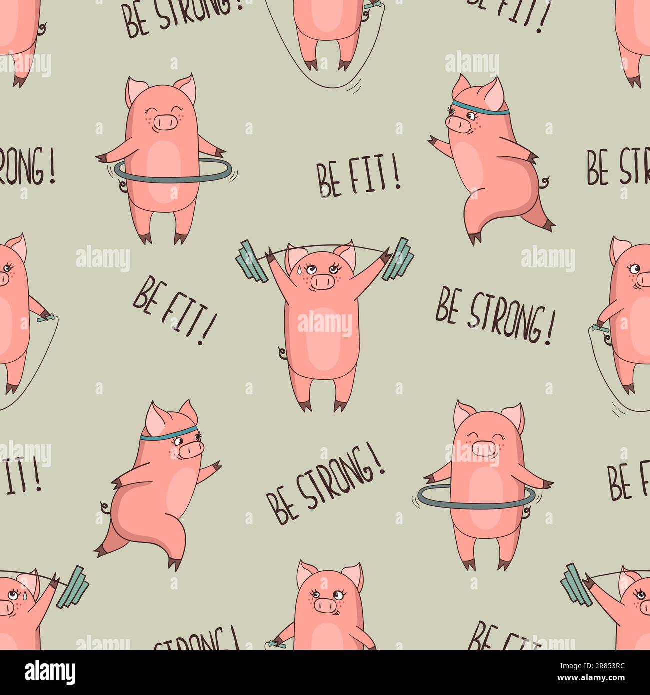 Cute cartoon pigs exercising seamless pattern. Vector fitness print. Stock Vector