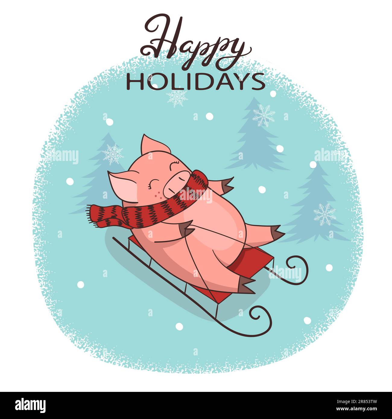 Christmas card with cute sledding pig. Vector New Year illustration. Stock Vector