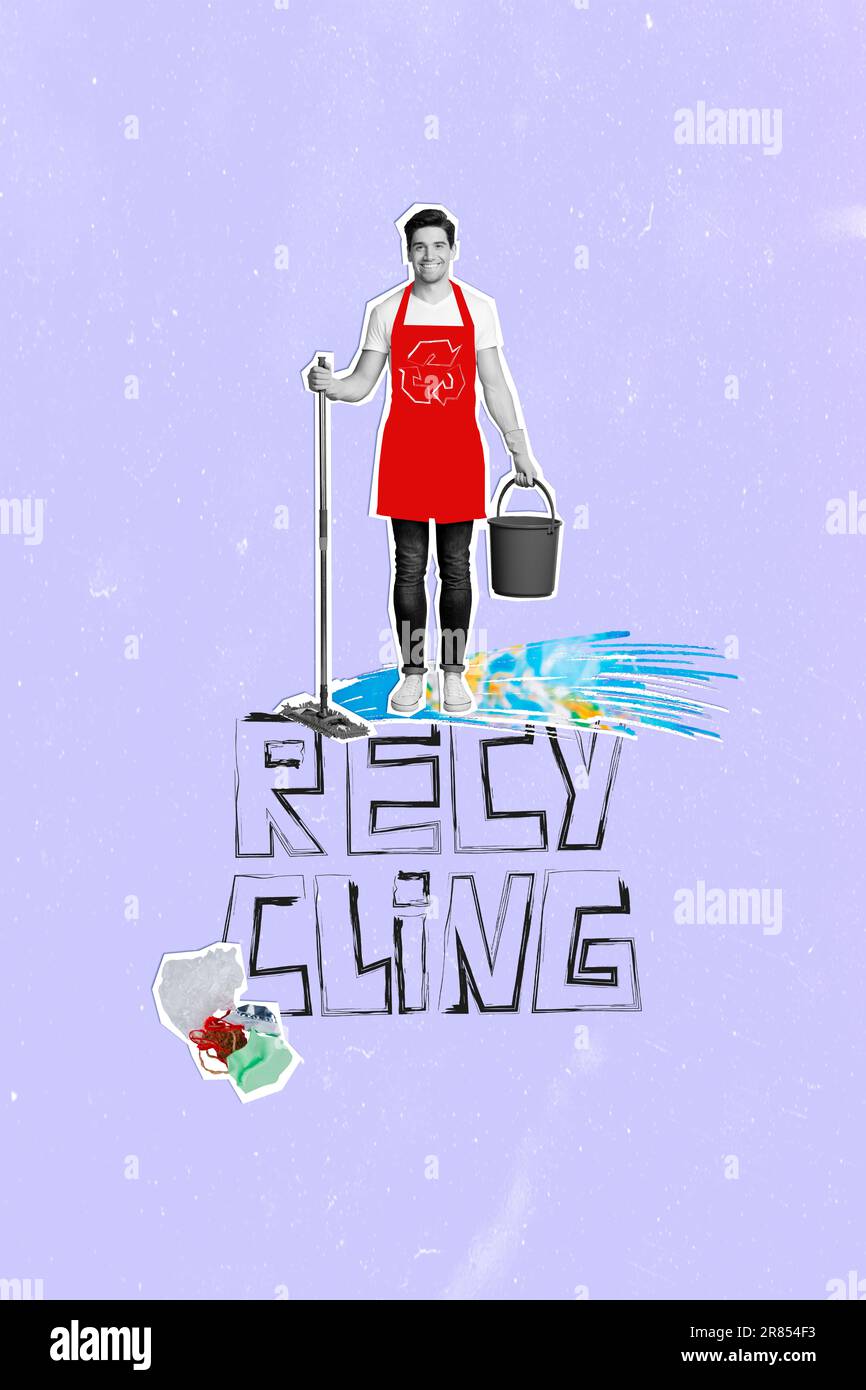 Composite collage image of happy young man cleaner mop bucket recycling text use eco friendly