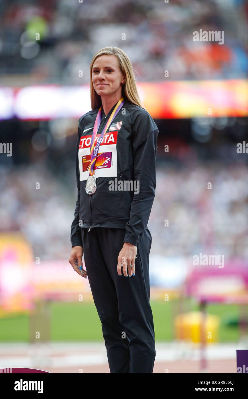 Emma Coburn at the award ceremony and receiving the medal at the World