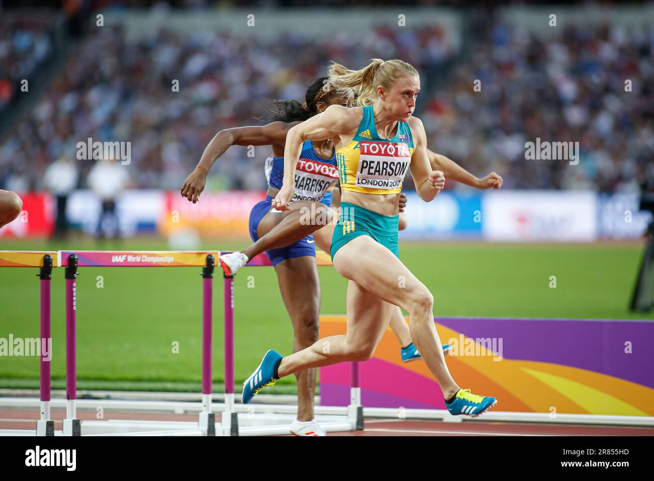 Sally Pearson winning in the 100 m hurdles at the World Athletics