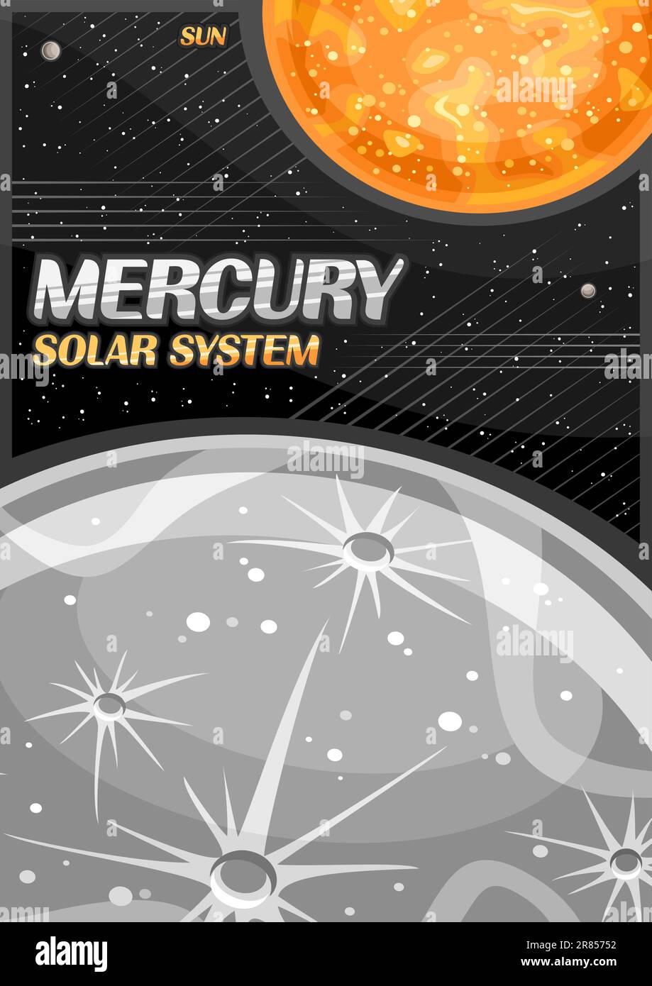 Vector Poster for Mercury, vertical banner with illustration of rotating stone mercury planet around cartoon sun on black starry background, decorativ Stock Vector