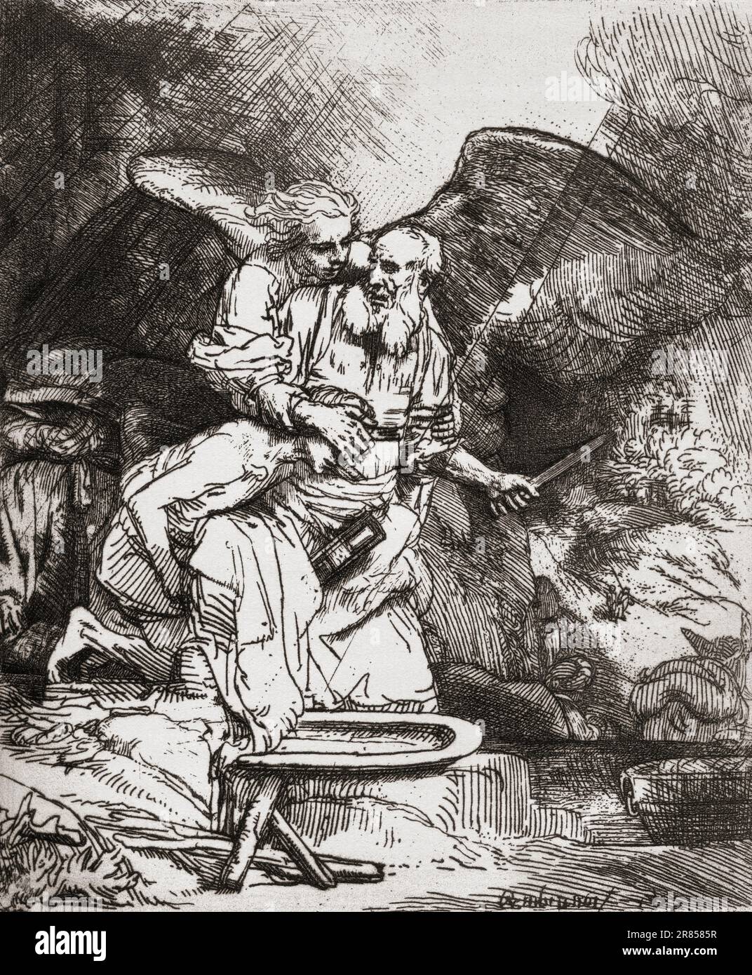 Abraham's sacrifice, 1655, after the work by Rembrandt Harmenszoon van Rijn.  From Histoire de La Gravure, published 1880 Stock Photo