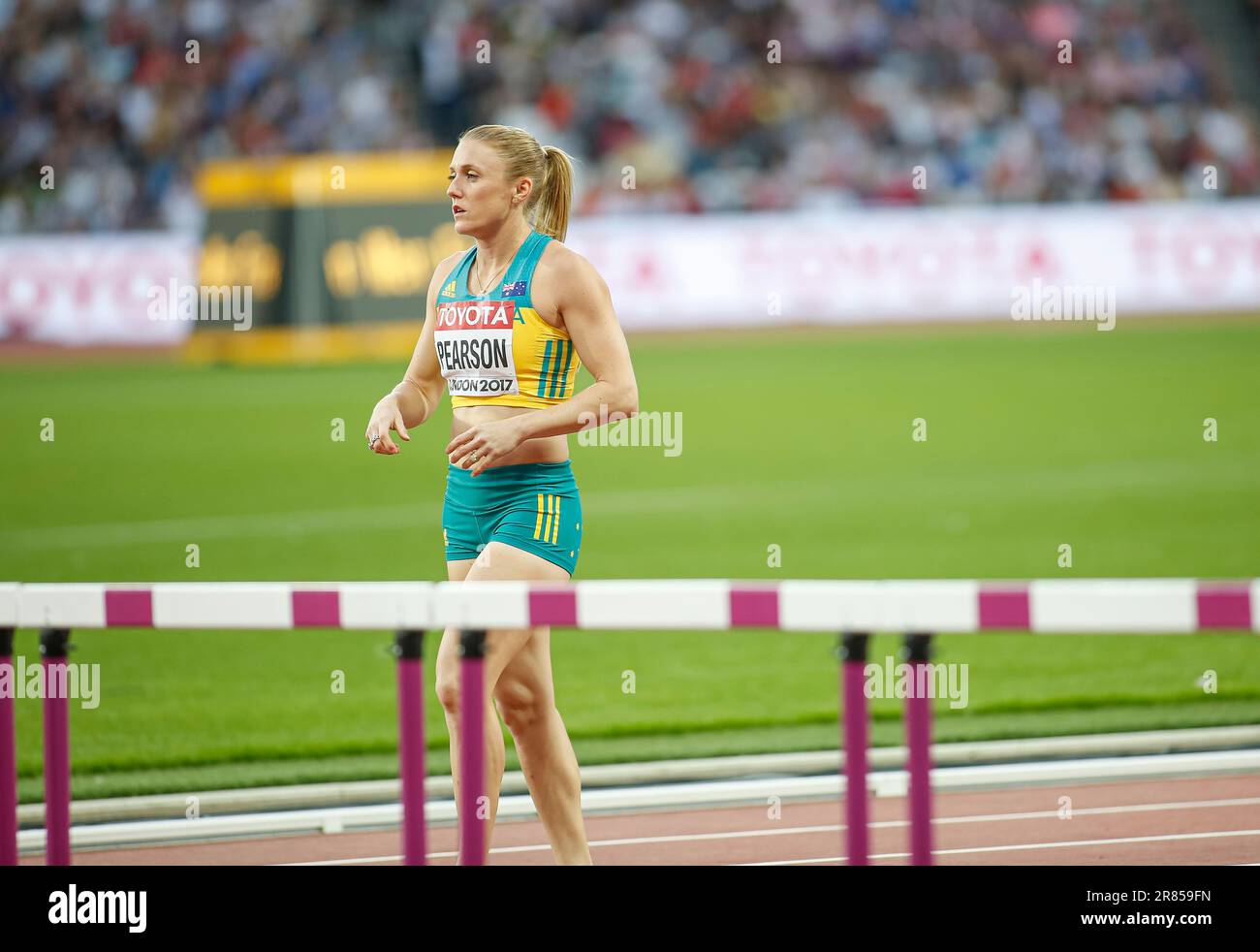 Sally Pearson winning in the 100 m hurdles at the World Athletics