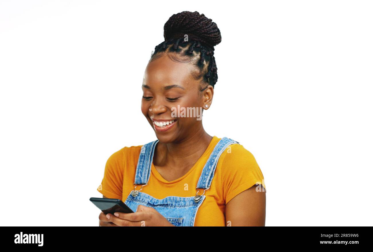 Smile, laugh and happy black woman with phone on white background for funny  meme, humor and comic text. Communication, social media and girl with Stock  Photo - Alamy, image size:1300x879
