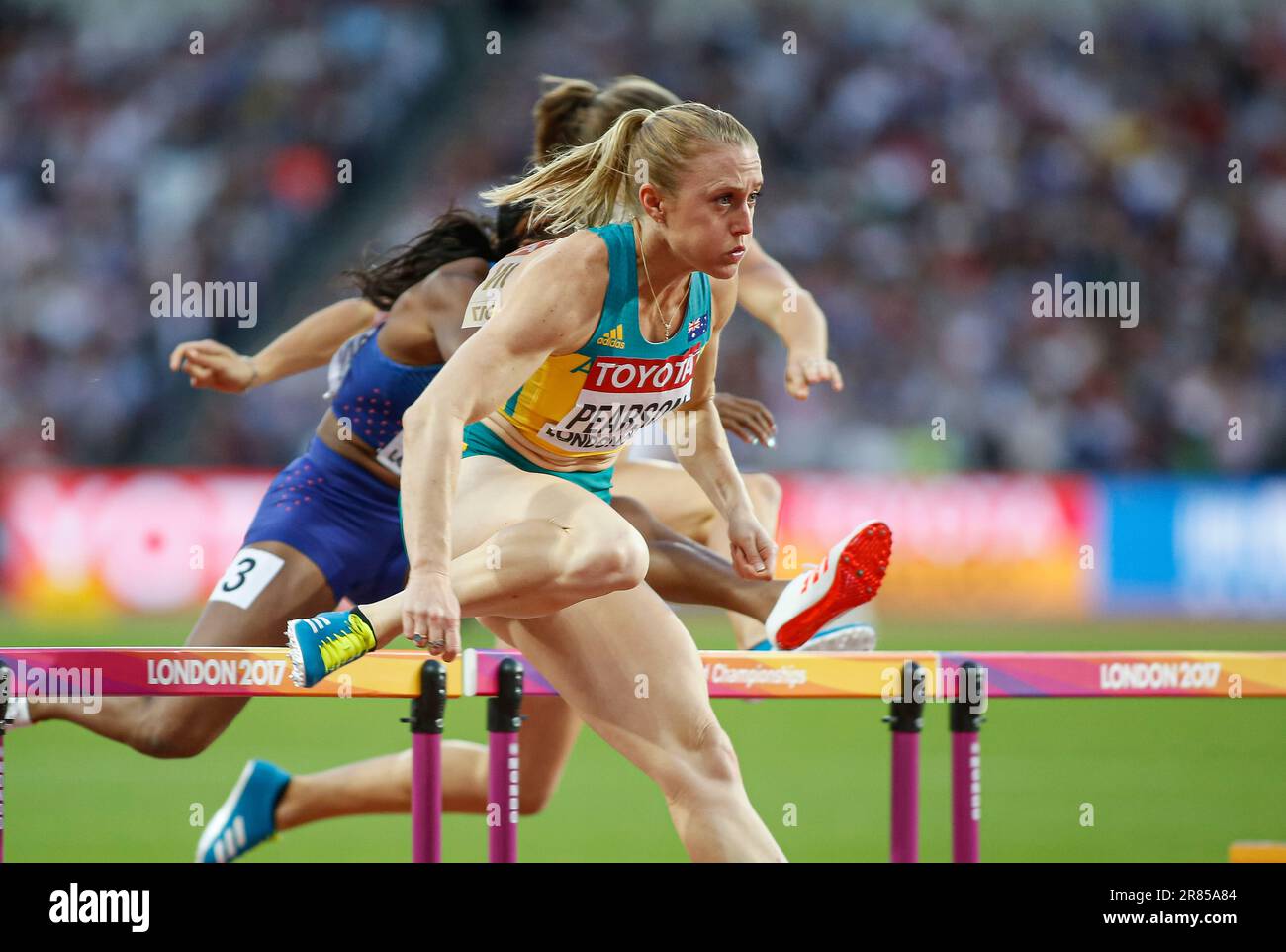 Sally Pearson winning in the 100 m hurdles at the World Athletics