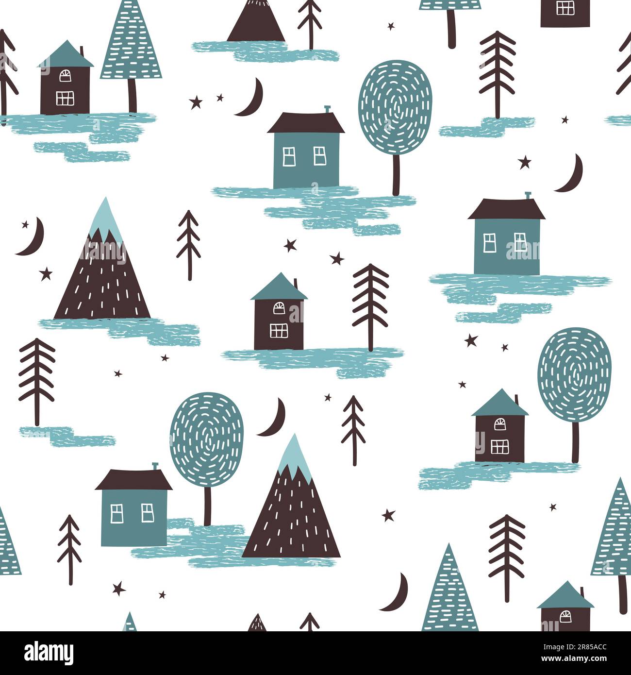 Seamless scandinavian pattern with hand drawn houses, mountains and trees. Stock Vector