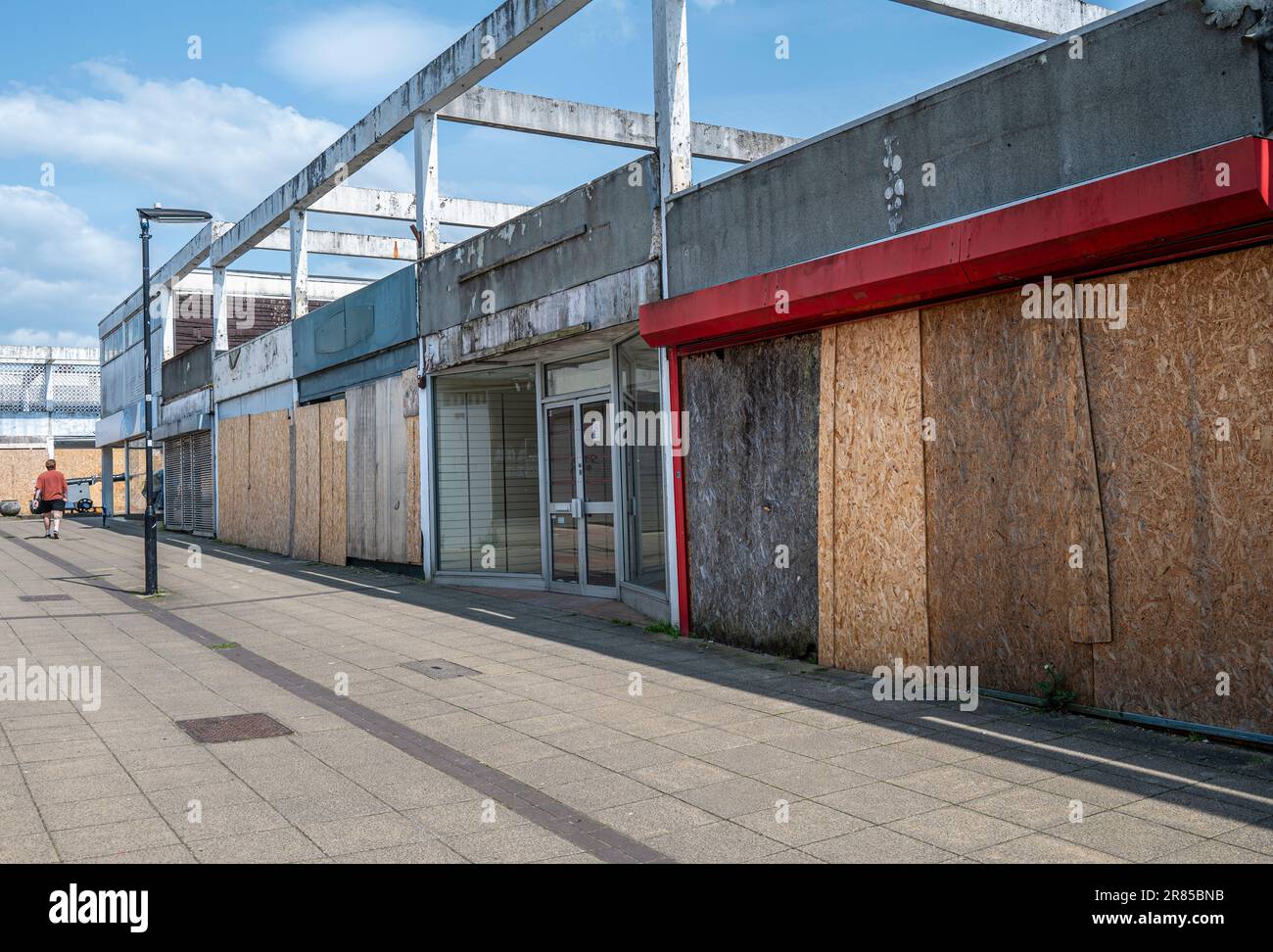 Run down and boarded up shopping precinct prior to being rejuvenated in an English town centre. Stock Photo