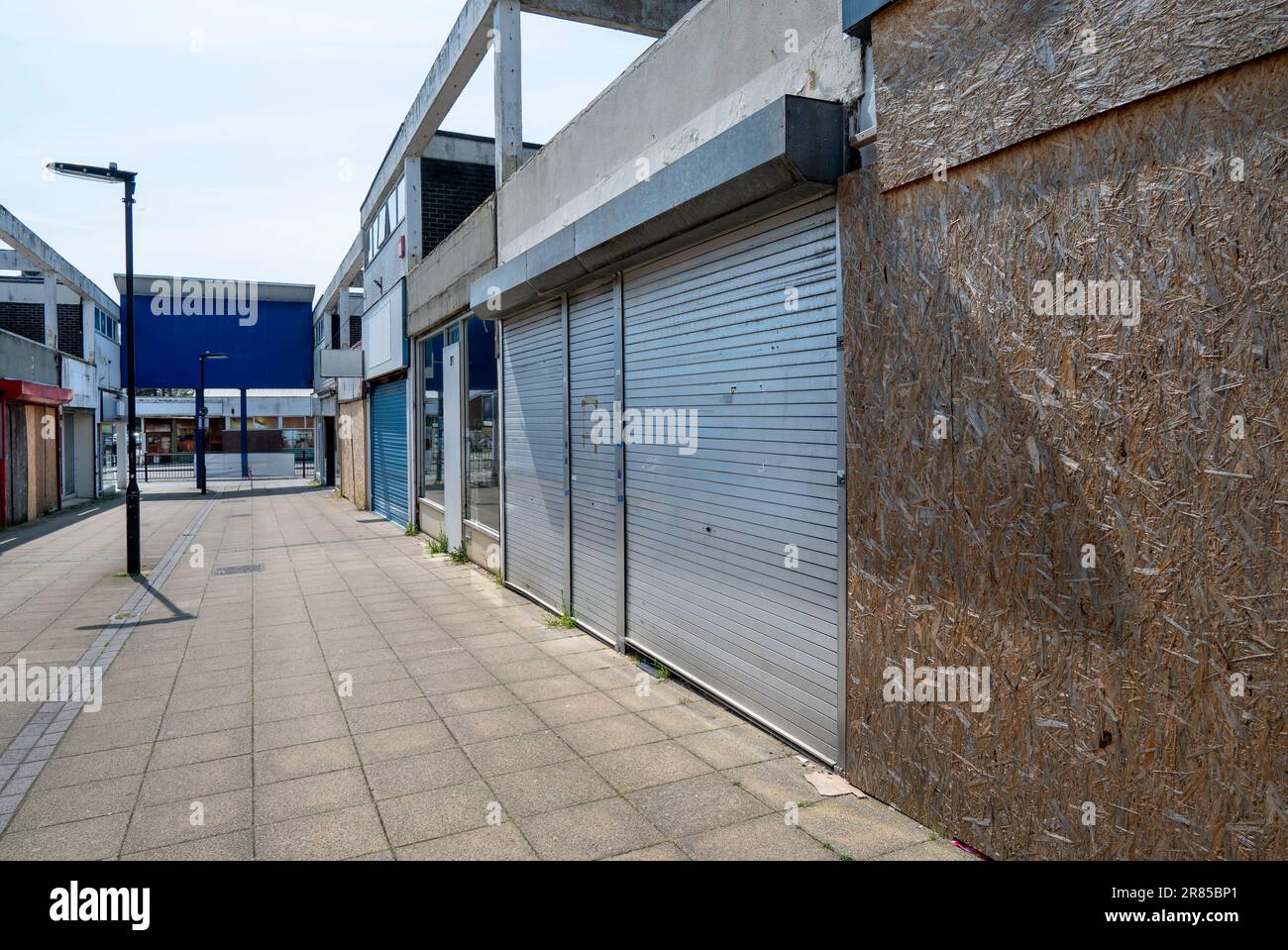 Run down and boarded up shopping precinct prior to being rejuvenated in an English town centre. Stock Photo