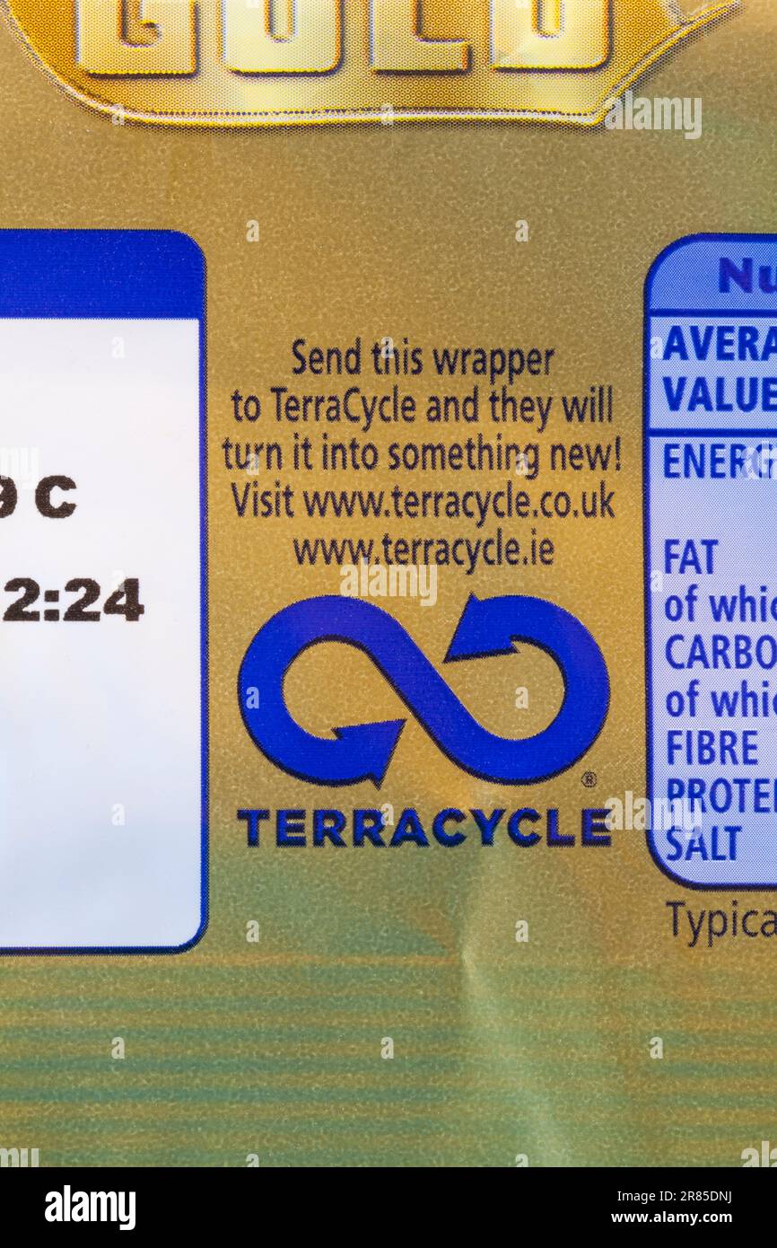 Terracycle logo symbol on packet of McVities Gold biscuits, biscuit ...
