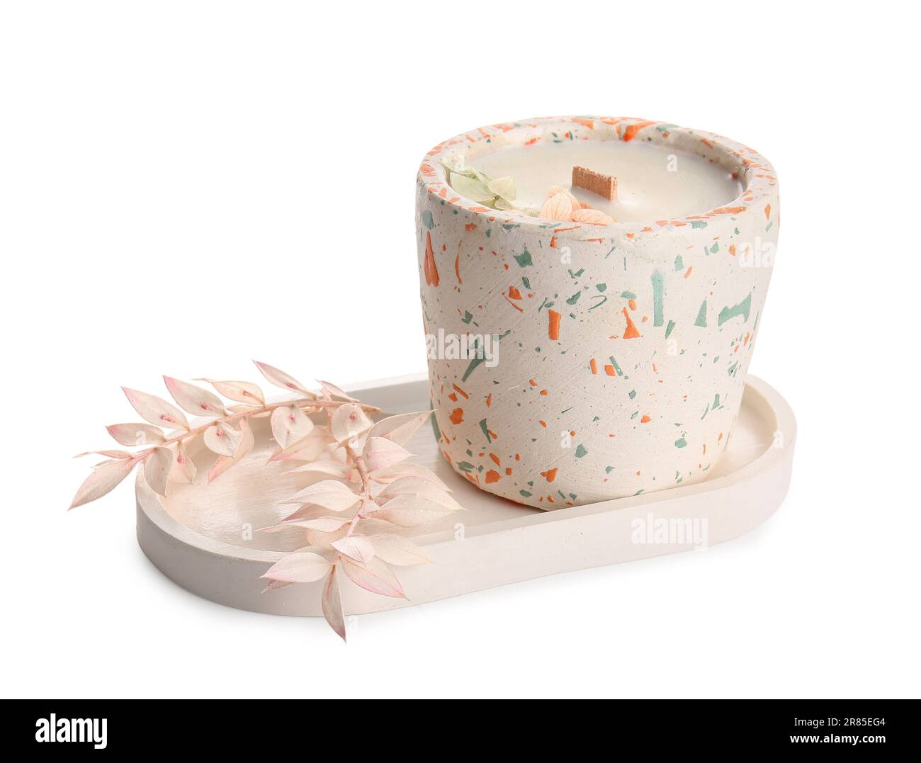 Holder with candle and flowers on white background Stock Photo - Alamy