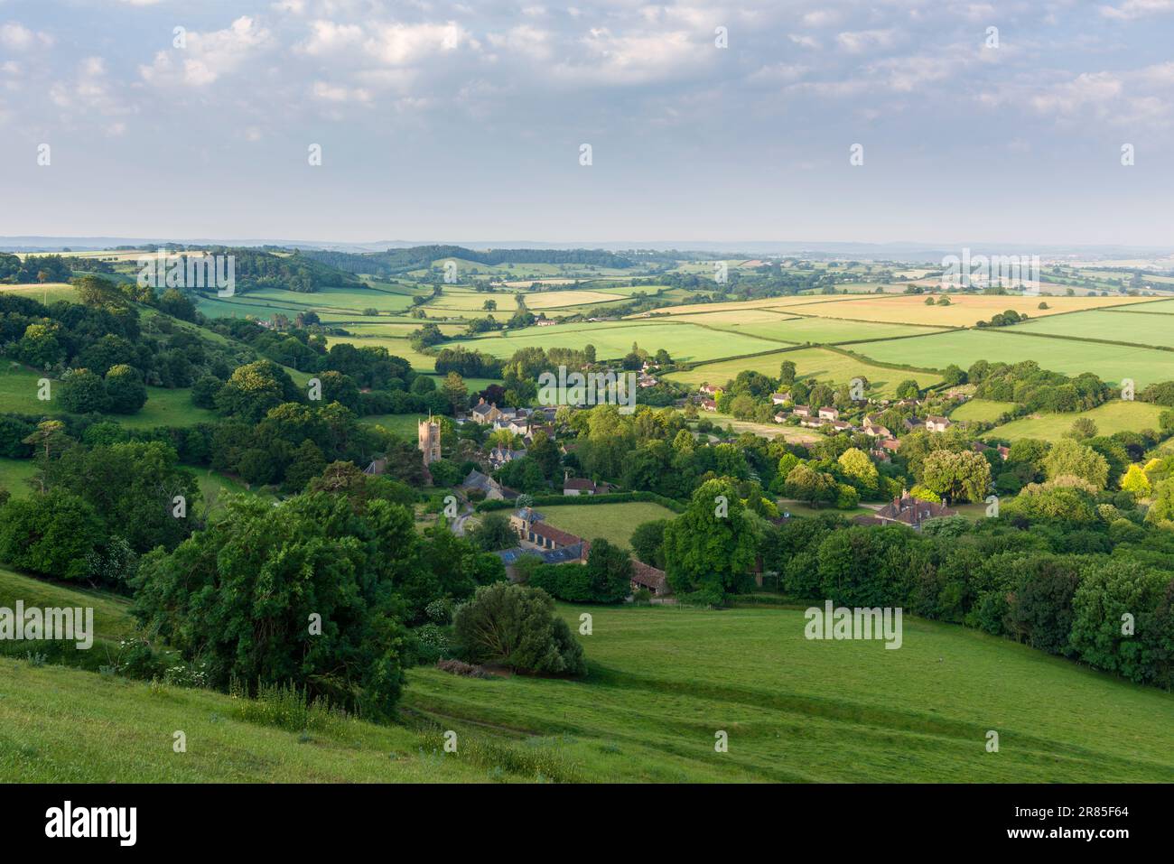 The village of Corton Denham from Corton Hill on a summer morning, Somerset, England. Stock Photo