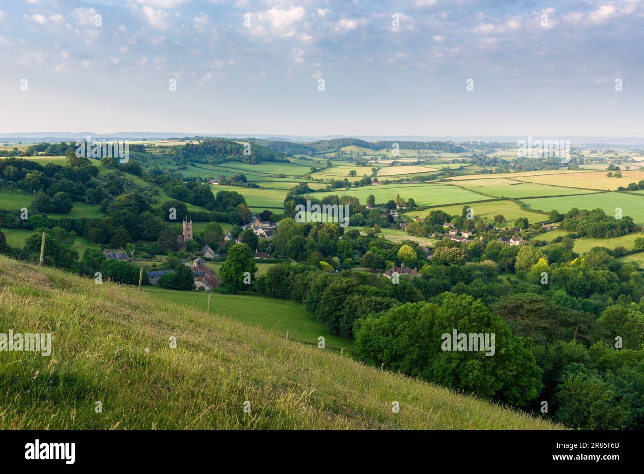 The village of Corton Denham from Corton Hill on a summer morning, Somerset, England. Stock Photo