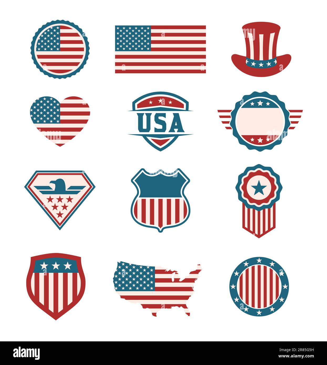 USA symbol set. American emblems collection. US labels, badges and shields. American themed graphics suitable for elections, Independence Day. Vector Stock Vector