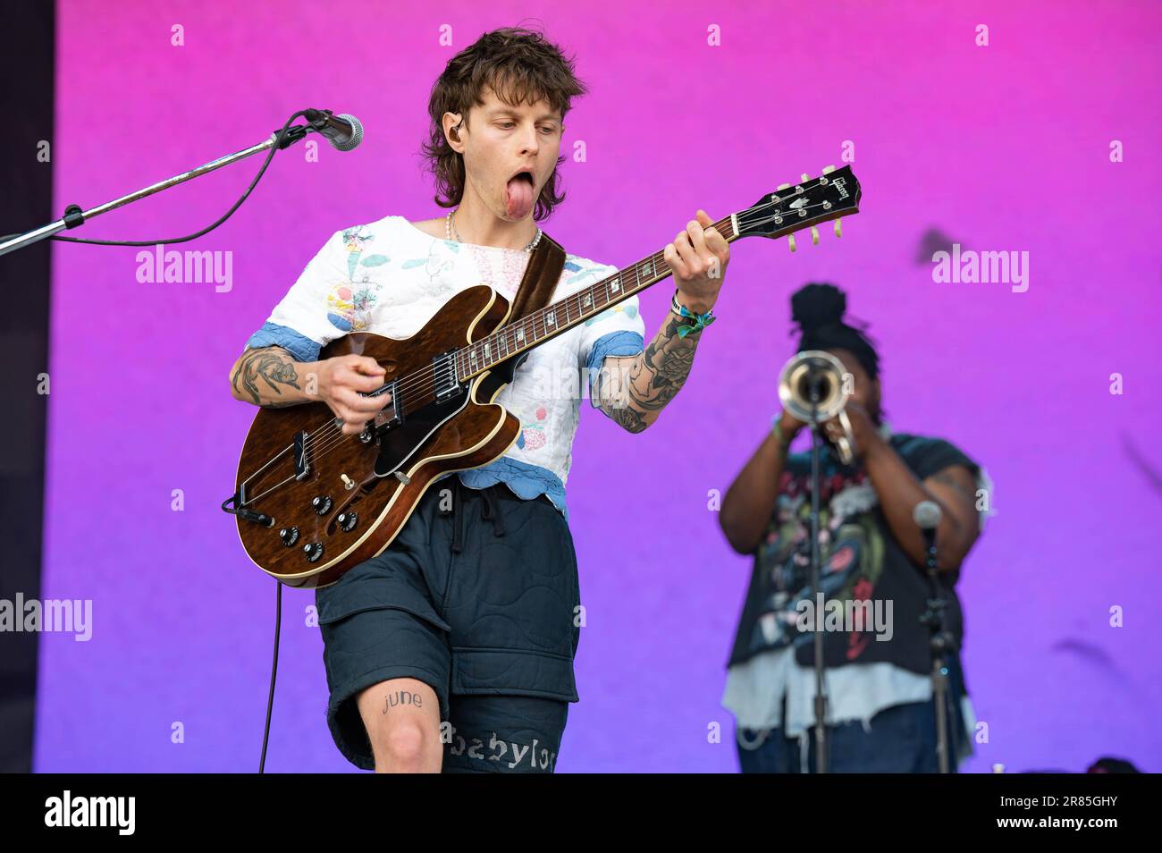 Nathan Stocker and DeCarlo Jackson with Hippo Campus perform on Day 4 of the 2023 Bonnaroo Music & Arts Festival on June 18, 2023 in Manchester, Tennessee.  Photo: Darren Eagles/imageSPACE Stock Photo