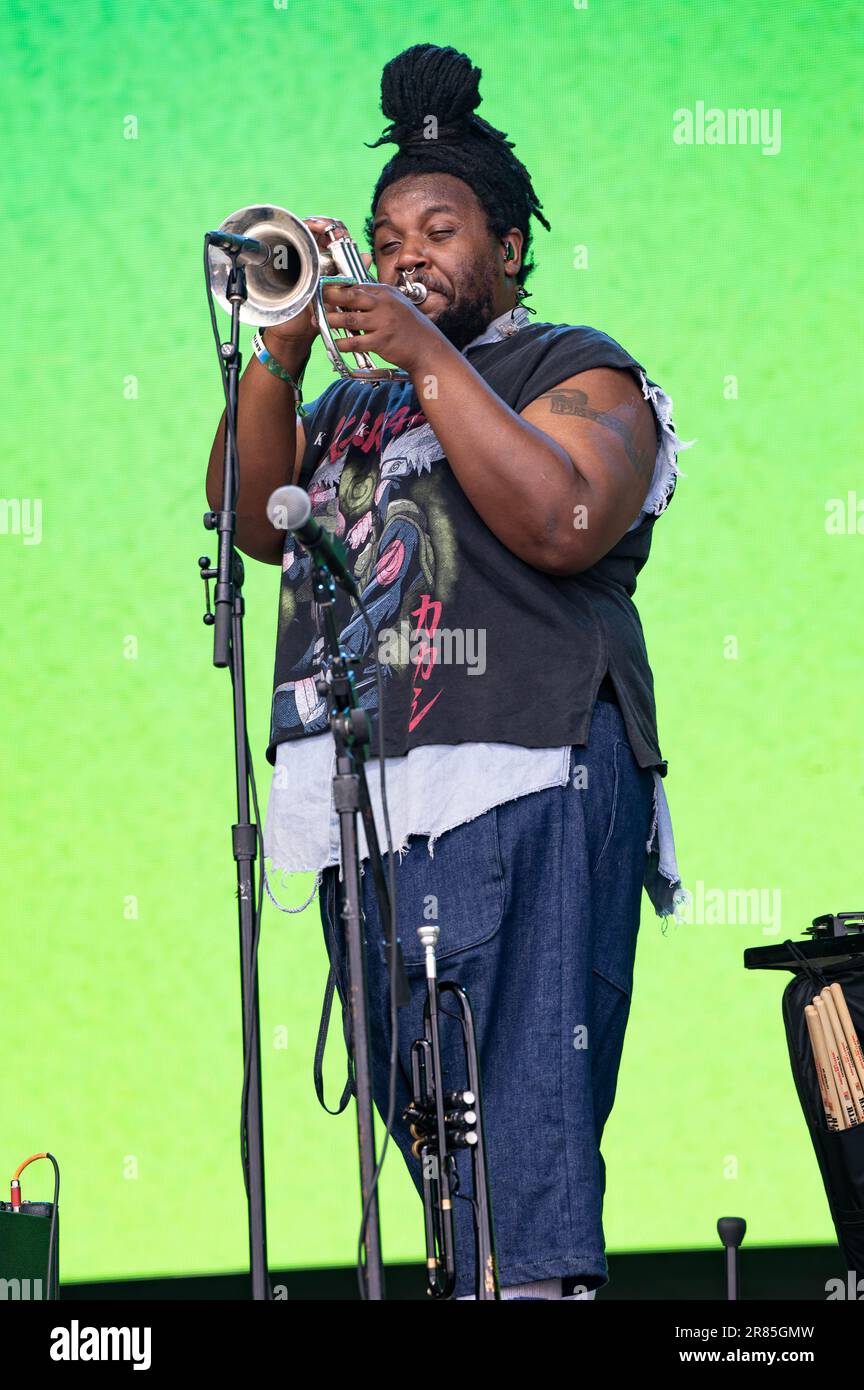 Manchester, United States. 18th June, 2023. DeCarlo Jackson with Hippo Campus perform on Day 4 of the 2023 Bonnaroo Music & Arts Festival on June 18, 2023 in Manchester, Tennessee. Photo: Darren Eagles/imageSPACE Credit: Imagespace/Alamy Live News Stock Photo
